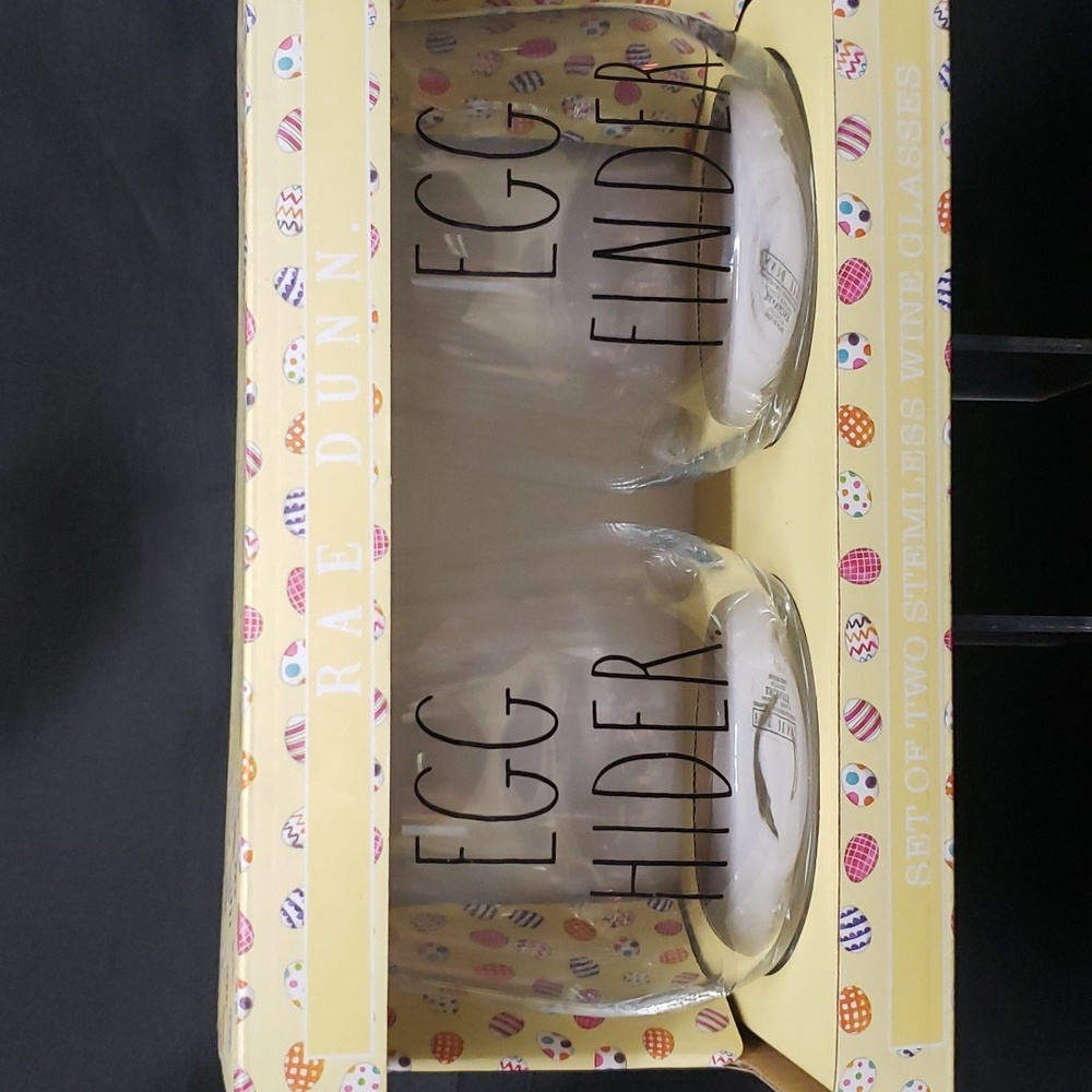 Rae Dunn NWT "Egg Hider" and "Egg Finder" Set/2 Stemless Wine Glasses
